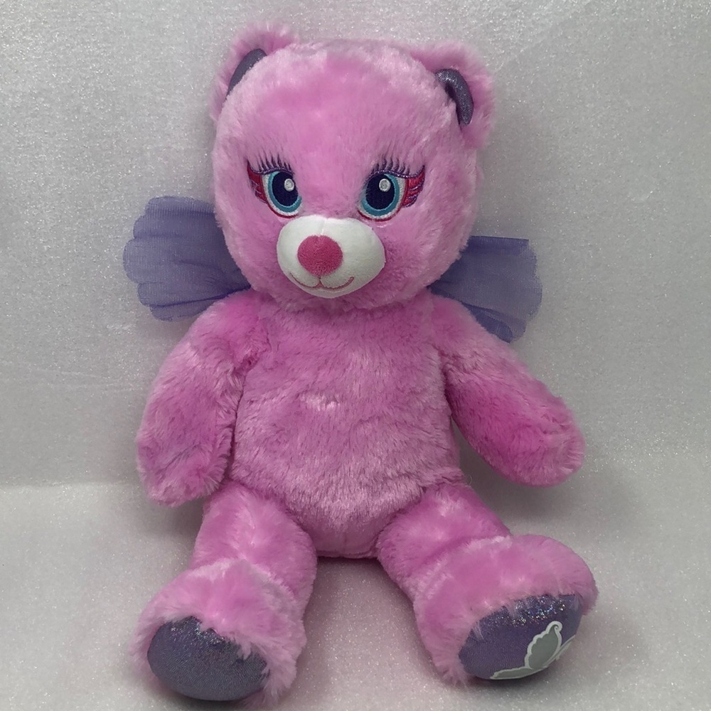 Build A Bear Fairy Beary Friends Pink Bear Plush With Purple Mesh Wings 16" BAB